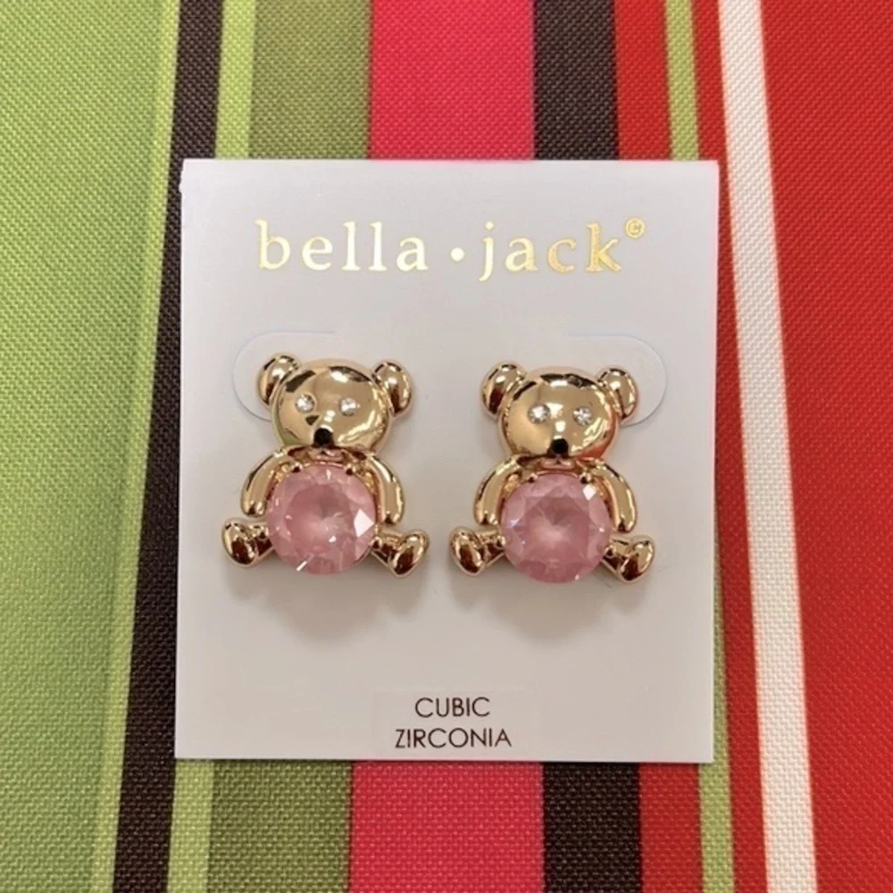 Brand New Bella Jack Teddy Bear Post Earring Gold Tone w/ Pink Stone